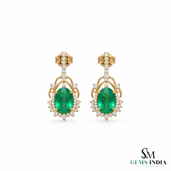 5.50 carat Oval Natural Emerald and Diamond Dangle Earrings in 14K Gold Green Gemstone Jewelry