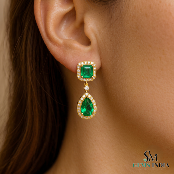 5.10 carat Luxury Emerald cut and Pear shaped Natural Emerald Teardrop Diamond Halo Earrings in Gold