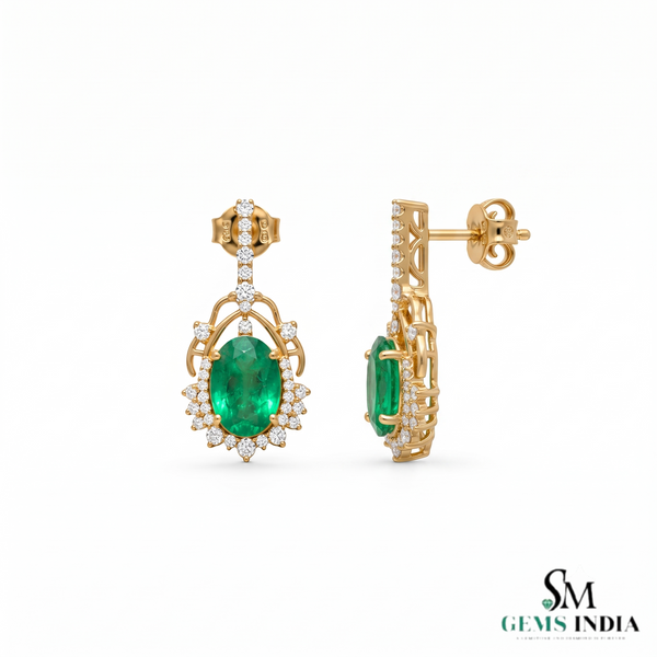5.50 carat Oval Natural Emerald and Diamond Dangle Earrings in 14K Gold Green Gemstone Jewelry