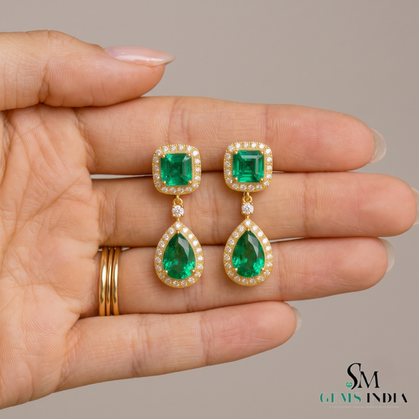 5.10 carat Luxury Emerald cut and Pear shaped Natural Emerald Teardrop Diamond Halo Earrings in Gold