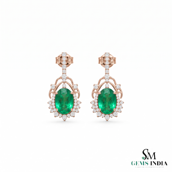 5.50 carat Oval Natural Emerald and Diamond Dangle Earrings in 14K Gold Green Gemstone Jewelry