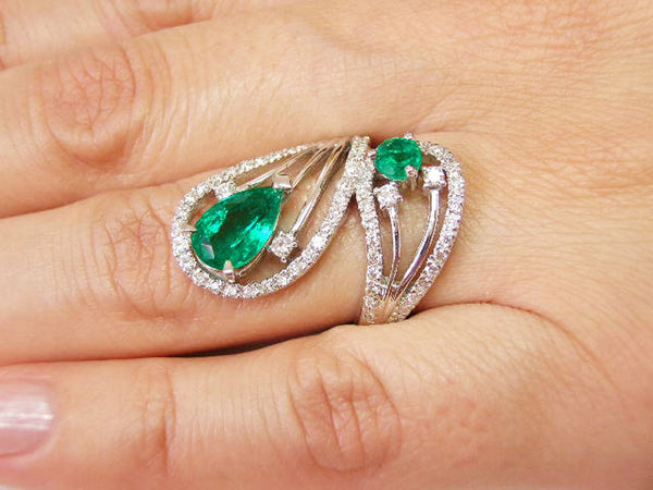 2.10 carat Pear & Round Natural Emerald Spiral Ring in Gold with Diamond Accents