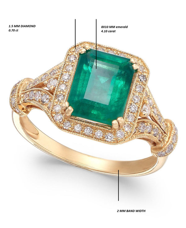Emerald Cut Natural Emerald And Diamonds Vintage Split Band Ring in 14K Gold