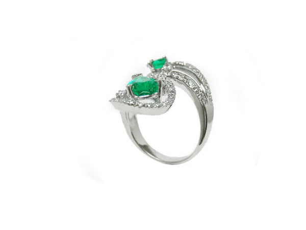 2.10 carat Pear & Round Natural Emerald Spiral Ring in Gold with Diamond Accents