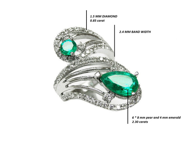 2.10 carat Pear & Round Natural Emerald Spiral Ring in Gold with Diamond Accents