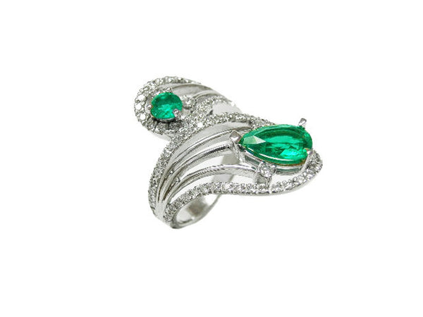2.10 carat Pear & Round Natural Emerald Spiral Ring in Gold with Diamond Accents