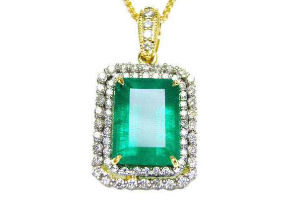 7.10 carat Glamorous Emerald and Diamond Halo Pendant Sparkling Double Diamond Halo