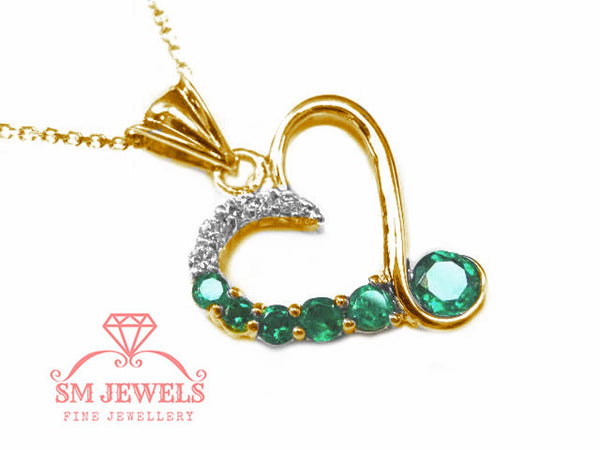 14K Gold Heart Pendant with Round Natural Emerald and Diamond Stones Luxury Gift for Woman
