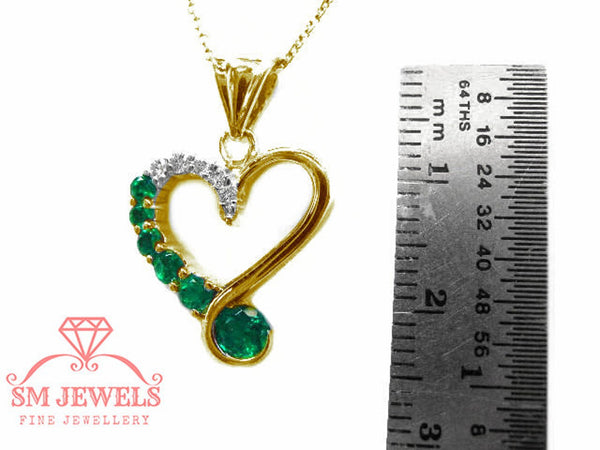 14K Gold Heart Pendant with Round Natural Emerald and Diamond Stones Luxury Gift for Woman