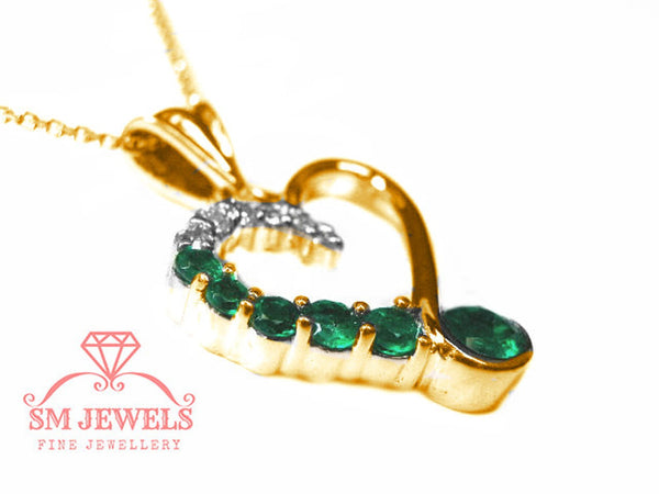14K Gold Heart Pendant with Round Natural Emerald and Diamond Stones Luxury Gift for Woman