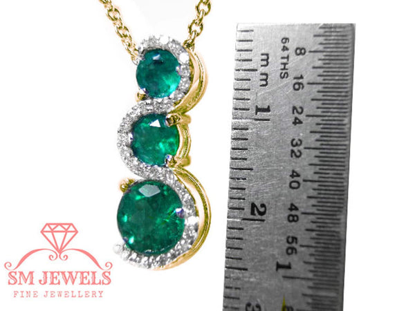 Round shaped Three Stone “S-Curve Natural Emerald and Diamond Halo Pendant Necklace in 14K gold