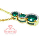 Round shaped Three Stone “S-Curve Natural Emerald and Diamond Halo Pendant Necklace in 14K gold
