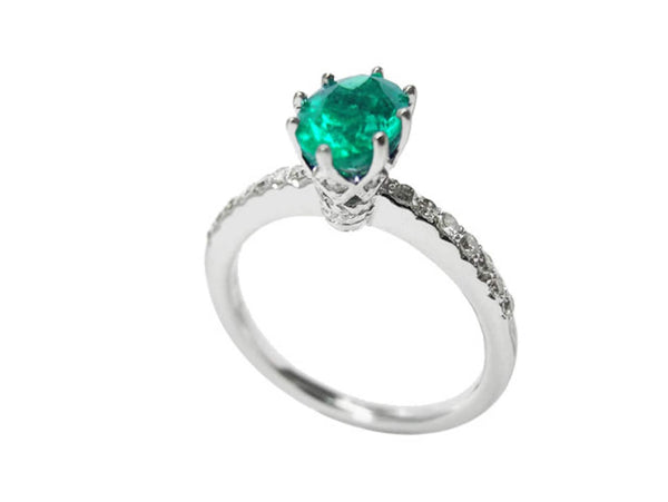 1 carat Oval Cut Natural Emerald and Diamond Ring in 14K Gold Classic Solitaire Design