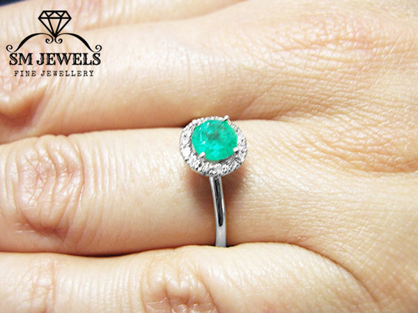 1.50 carat round natural Zambian emerald Gemstone and diamonds ring for woman's in 14k Solid Gold