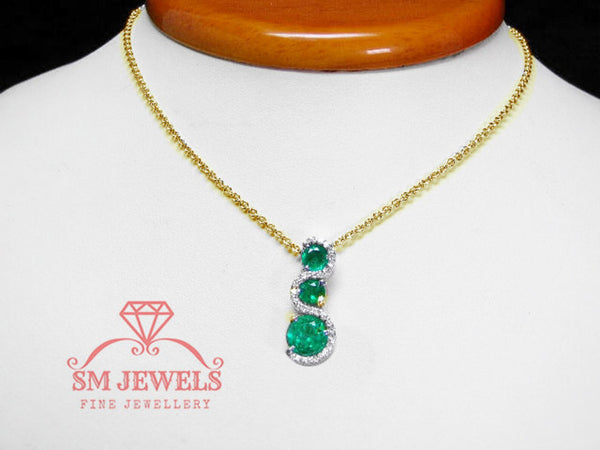 Round shaped Three Stone “S-Curve Natural Emerald and Diamond Halo Pendant Necklace in 14K gold
