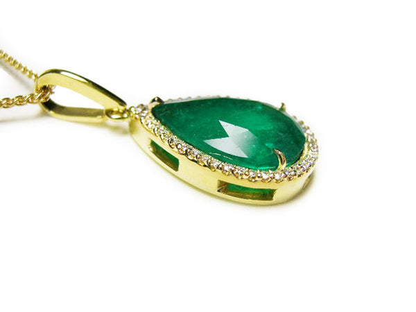 5.90 carat Teardrop natural Emerald Pendant with Diamond Halo Fine Gold Jewelry