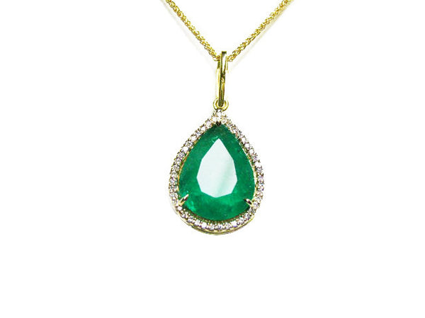 5.90 carat Teardrop natural Emerald Pendant with Diamond Halo Fine Gold Jewelry