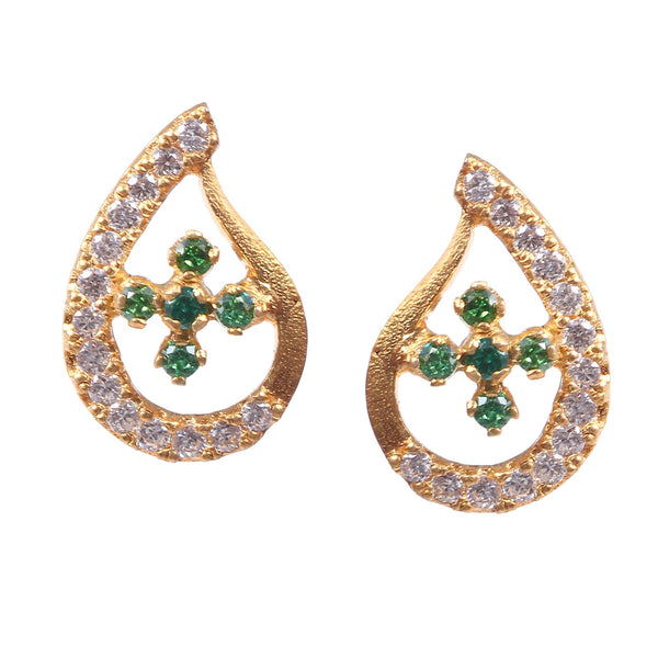 Teardrop Stud Earrings with Round Natural Emerald Cluster & Diamonds in Gold Unique Gift for her