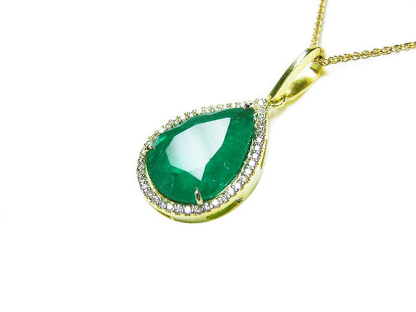 5.90 carat Teardrop natural Emerald Pendant with Diamond Halo Fine Gold Jewelry