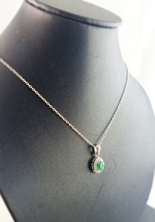 1.02 carat Oval shape Natural Green Emerald Halo Diamond Pendant Necklace in 14K Gold