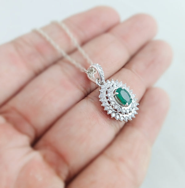 1 carat Vintage Style Oval Emerald Pendant with Diamond Halo in 14K Gold
