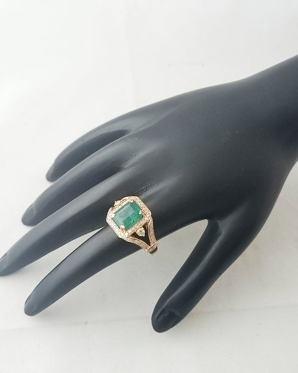 Emerald Cut Natural Emerald And Diamonds Vintage Split Band Ring in 14K Gold