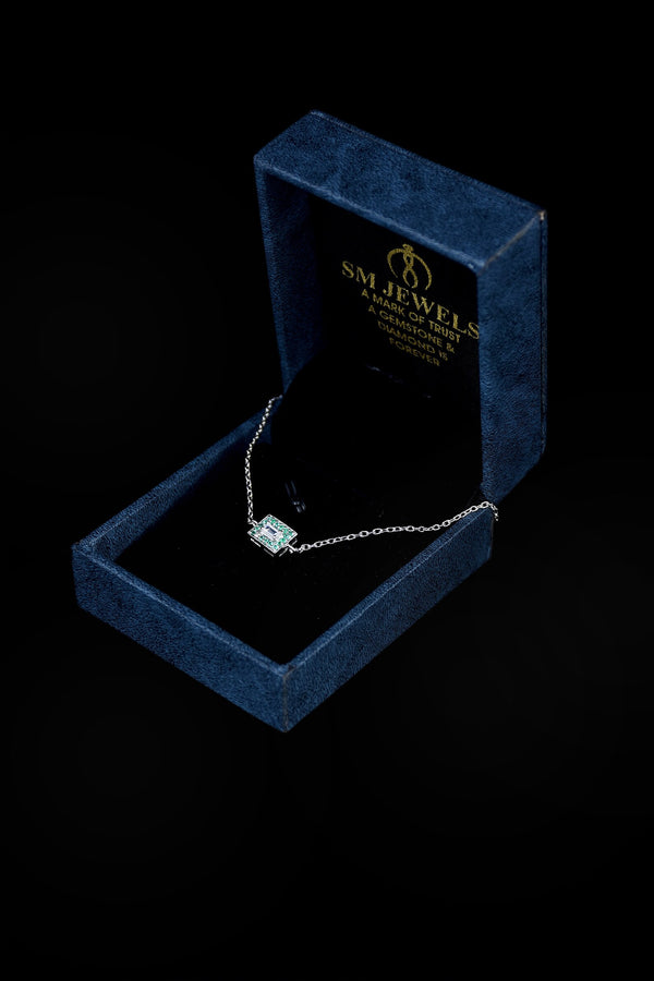 Natural Emerald & Diamond Baguette Necklace in 14K Solid Gold Fine Gift for Her