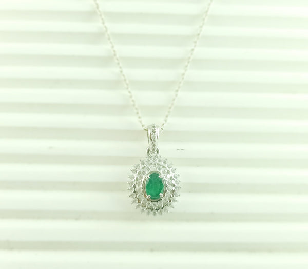 1 carat Vintage Style Oval Emerald Pendant with Diamond Halo in 14K Gold