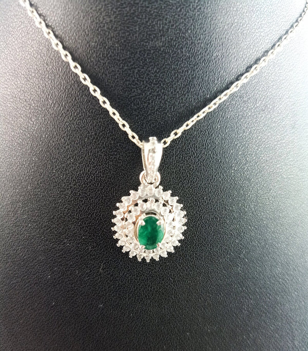 1 carat Vintage Style Oval Emerald Pendant with Diamond Halo in 14K Gold