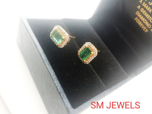 1.90 carat Emerald-Cut Green Emerald Stud Earrings Diamond Halo Design