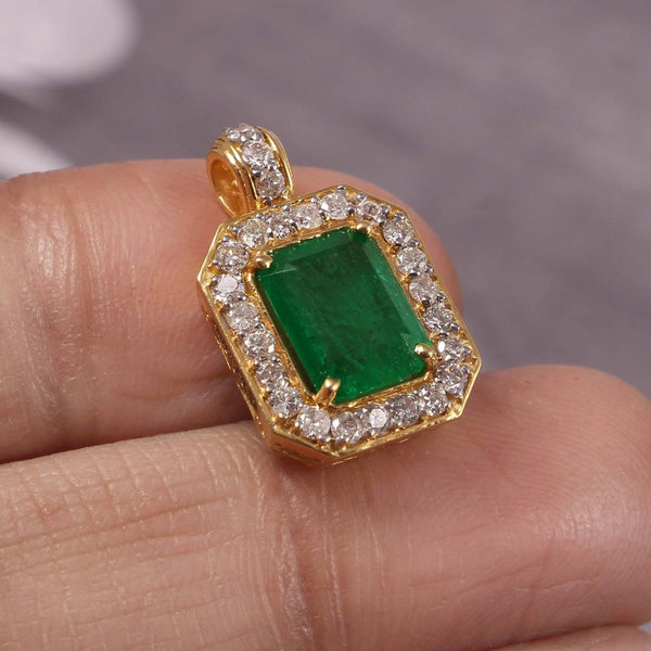 Emerald Cut Natural Emerald and Diamond Halo Pendant in 14K Gold Elegant Birthstone Jewelry