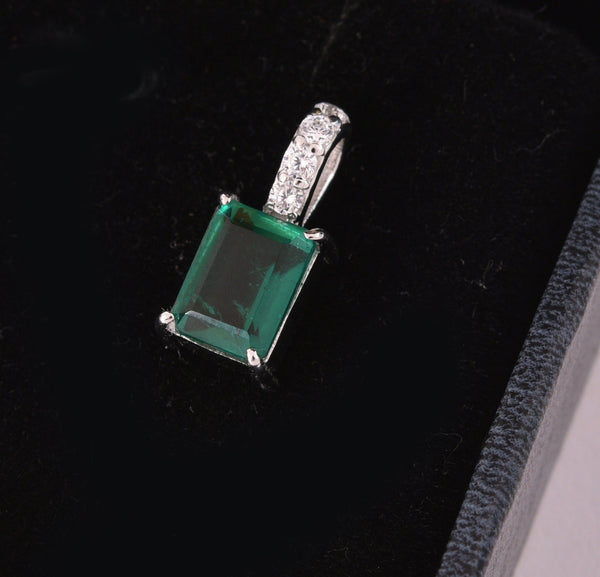 2.10 carat Emerald Cut Natural Emerald Pendant Necklace in 14k gold with Diamond Accent Bail Design