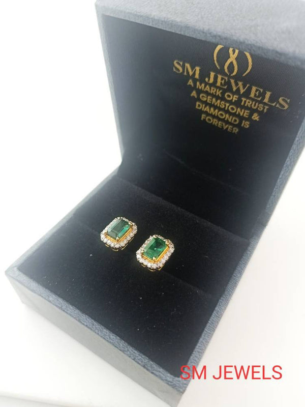 1.90 carat Emerald-Cut Green Emerald Stud Earrings Diamond Halo Design