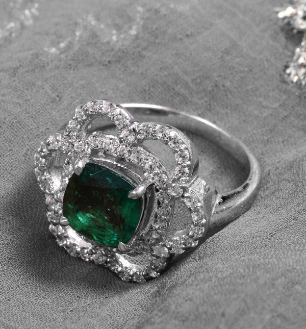 Cushion Cut Natural Emerald and Diamond Flower Halo Ring in 1.10 Carat Unique Anniversary gift for her