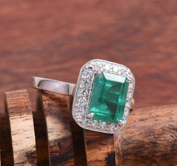 1.30 carat Emerald cut Natural Emerald and Diamond Engagement Ring Unique Gift for her