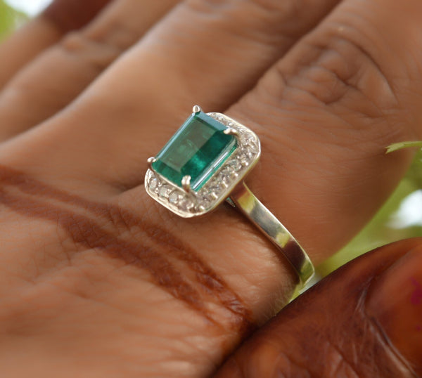 1.30 carat Emerald cut Natural Emerald and Diamond Engagement Ring Unique Gift for her