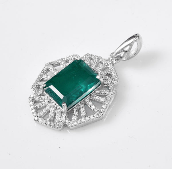 4.90 carat Elegant Art Deco Emerald cut Natural Emerald with Dazzling Diamond Border Pendant