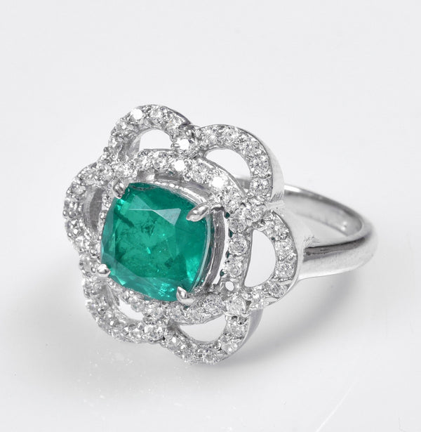 Cushion Cut Natural Emerald and Diamond Flower Halo Ring in 1.10 Carat Unique Anniversary gift for her