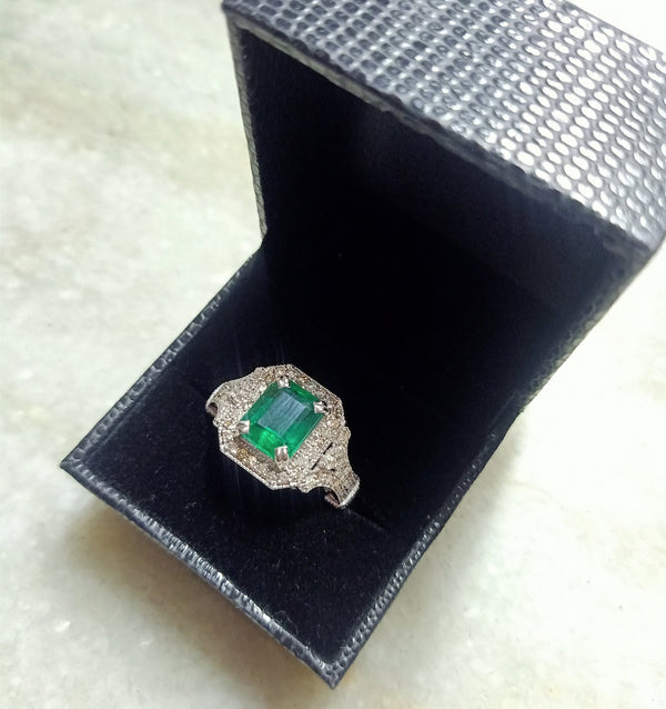 Emerald Cut Natural Emerald And Diamonds Vintage Split Band Ring in 14K Gold