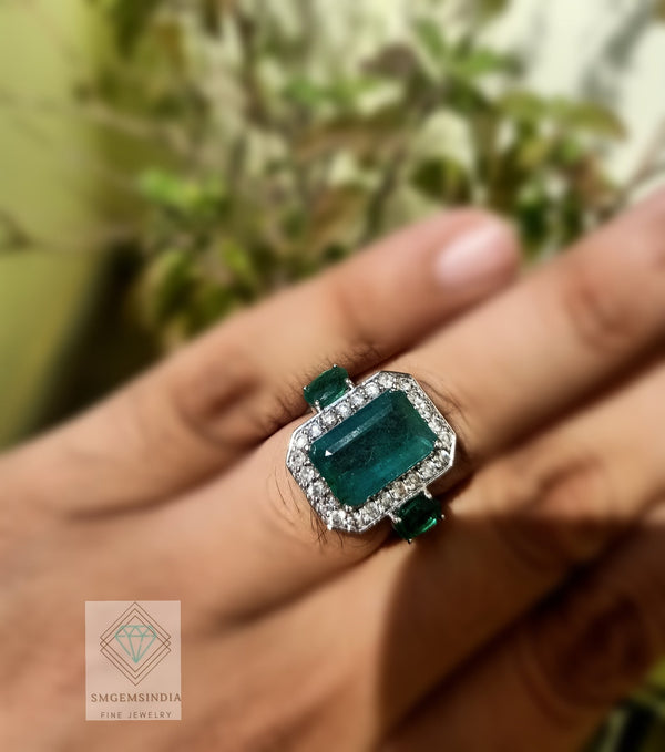 Emerald Cut and Oval Natural Emerald & Diamond Halo Ring 14K Gold Three Stone Design