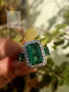 Emerald Cut and Oval Natural Emerald & Diamond Halo Ring 14K Gold Three Stone Design