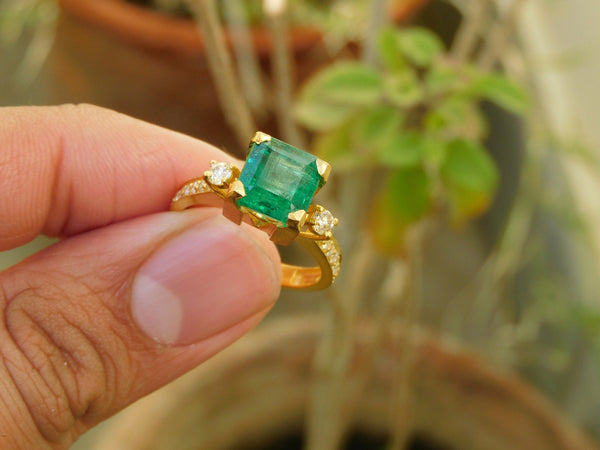 Classic Octagon Cut Natural Emerald 4 carat Engagement Ring in 14K Gold Promise Ring