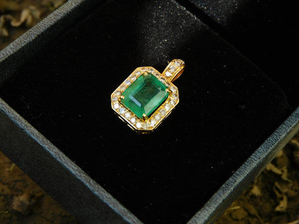 Emerald Cut Natural Emerald and Diamond Halo Pendant in 14K Gold Elegant Birthstone Jewelry