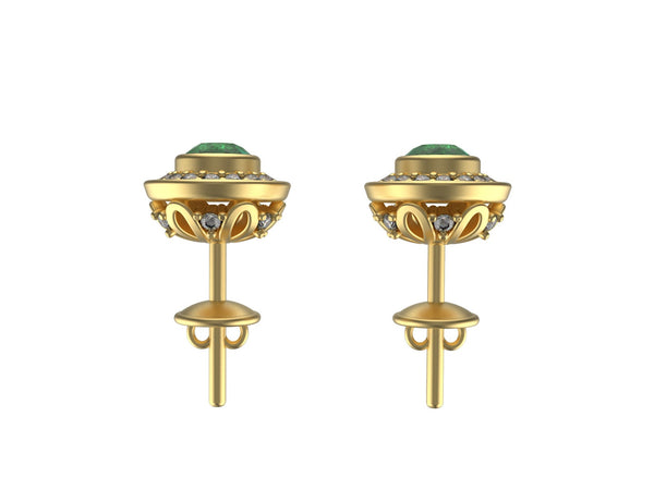 Round Natural Emerald & Diamond Halo Stud Earrings Fine White Gold Jewelry