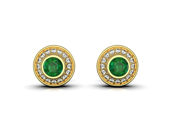 Round Natural Emerald & Diamond Halo Stud Earrings Fine White Gold Jewelry