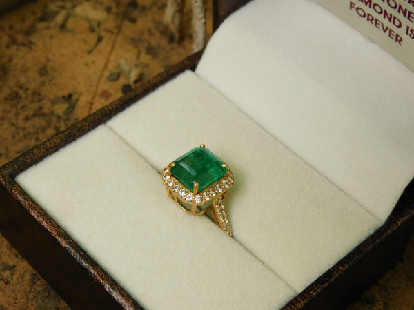 Emerald Cut Natural Emerald & Diamond Halo Promise Ring in 14K Gold 4.20 Carats Fine Jewelry