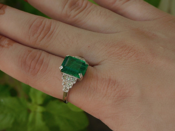 Emerald Cut Natural Emerald & Diamond Statement Ring in 14K Gold Minimalist Fine Jewelry