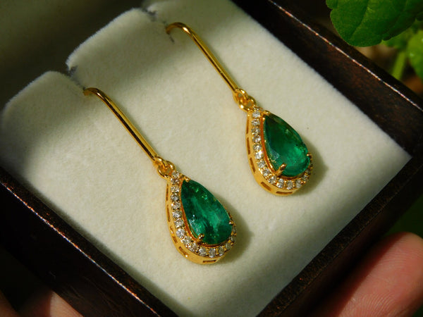 Luxurious 6 carat Pear shape Natural Emerald and Diamond Teardrop DangleEarrings in 14K Gold