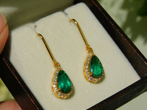 Luxurious 6 carat Pear shape Natural Emerald and Diamond Teardrop DangleEarrings in 14K Gold