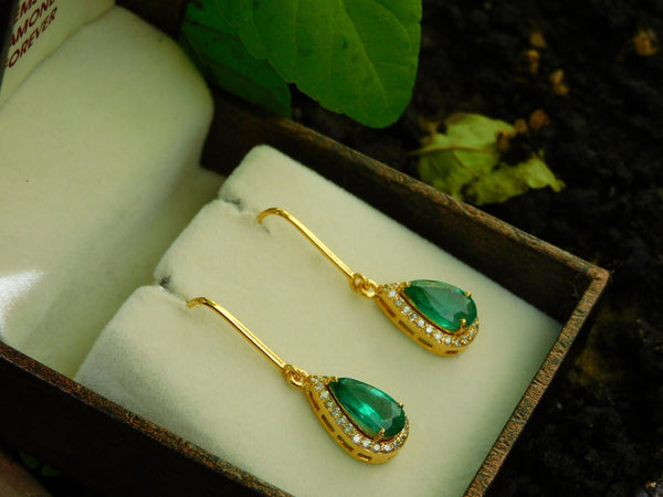 Luxurious 6 carat Pear shape Natural Emerald and Diamond Teardrop DangleEarrings in 14K Gold